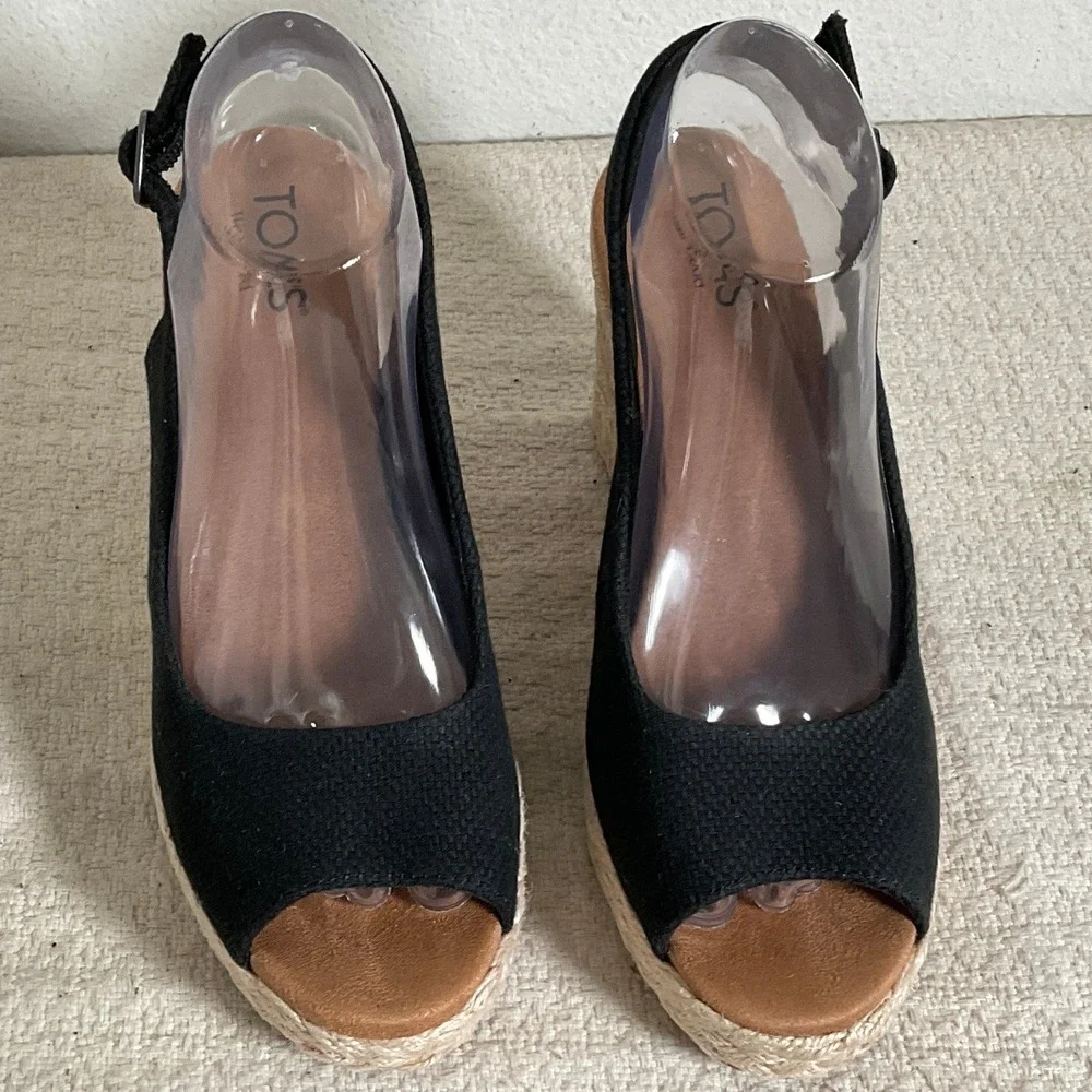 TOMS Black Canvas Peep Toe Espadrille Wedge Slingback Sandals 10022387 Womens 8 - Picture 7 of 14